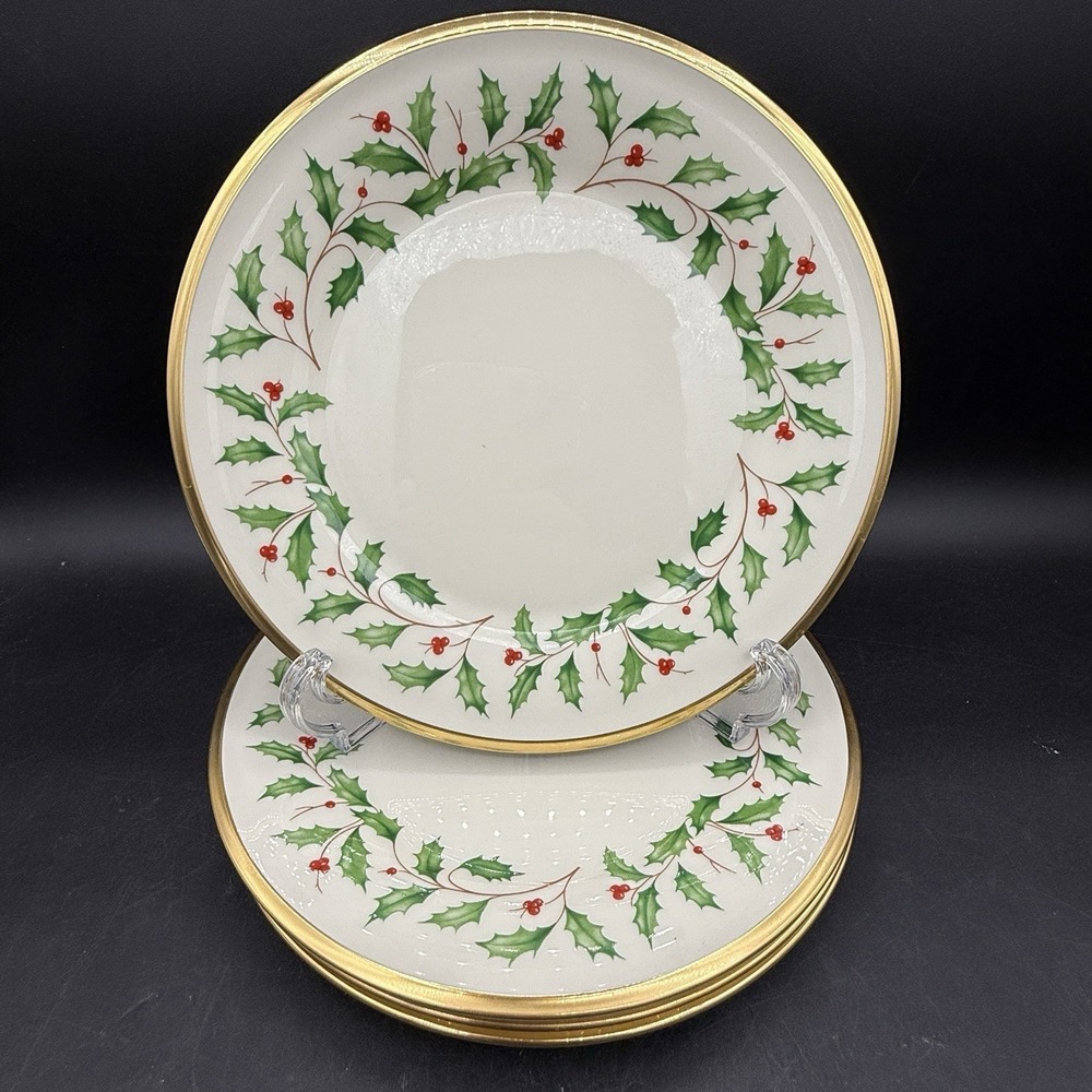 4 Lenox Holiday Dimension Salad Plate Holly Berries Gold Rim Christmas MINTY